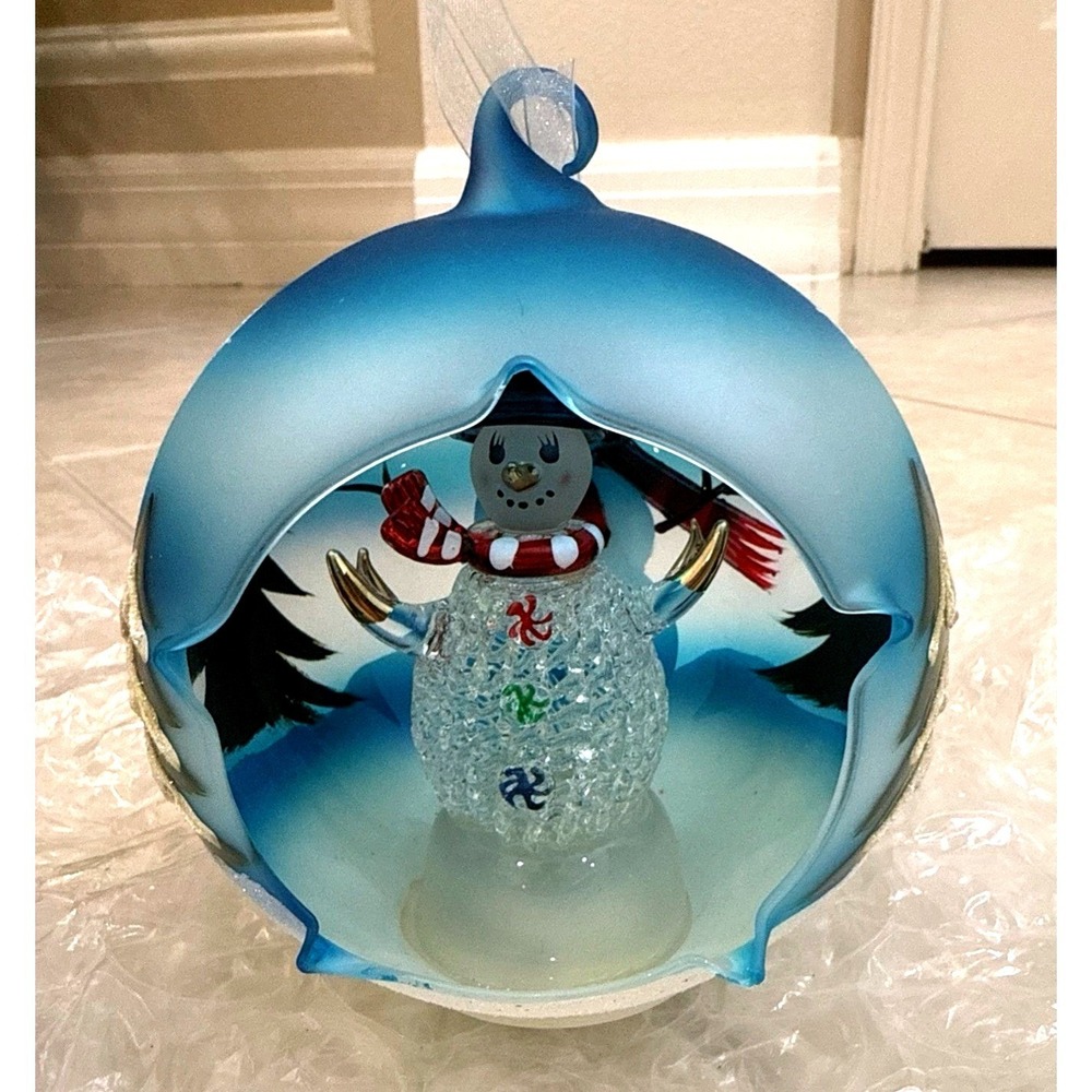 Blue Frosted Glass Light Up Snowman Diorama Christmas Ornament Winter Scene